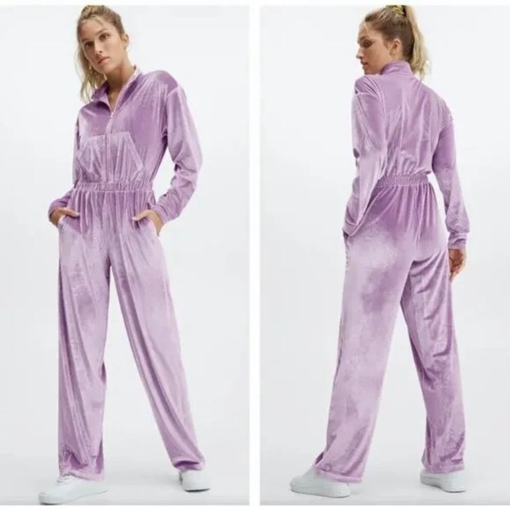 Fabletics Womens Purple Velour Zip Up Wide Leg Jumpsuit Tracksuit Onesie Cozy M